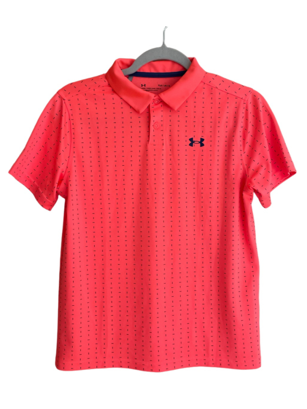 Under Armour Boys Youth L Performance Golf Polo Neon Coral Navy Geometric